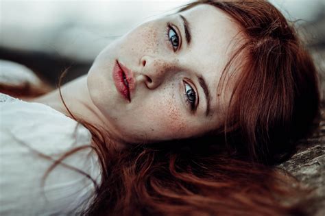 wallpaper anne hoffmann model looking at viewer redhead lying on back portrait freckles