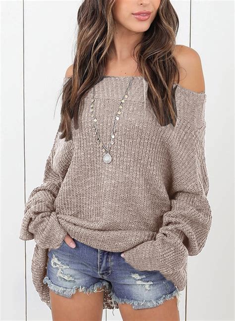 Sexy Off The Shoulder Long Sleeve Loose Solid Sweater - STYLESIMO.com