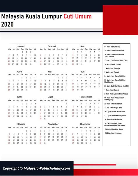 Kuala Lumpur Cuti Umum Kalendar 2020