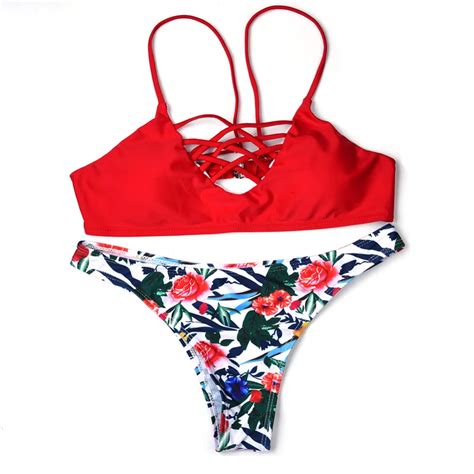 Bikini 2017 Red Bikini Set Padded Print Swimwear Women Swimsuit Hollow