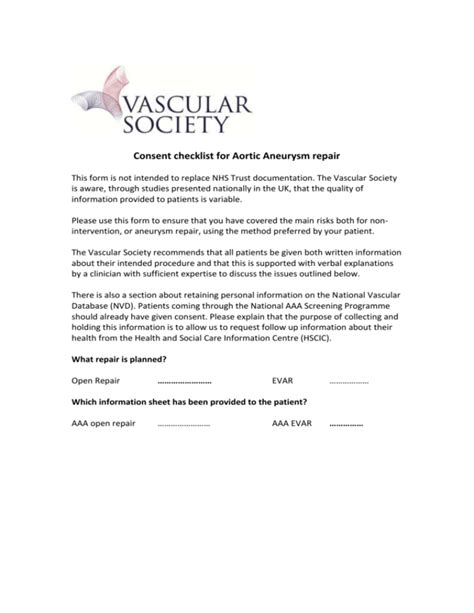 Consent Checklist For Aortic Aneurysm Repair