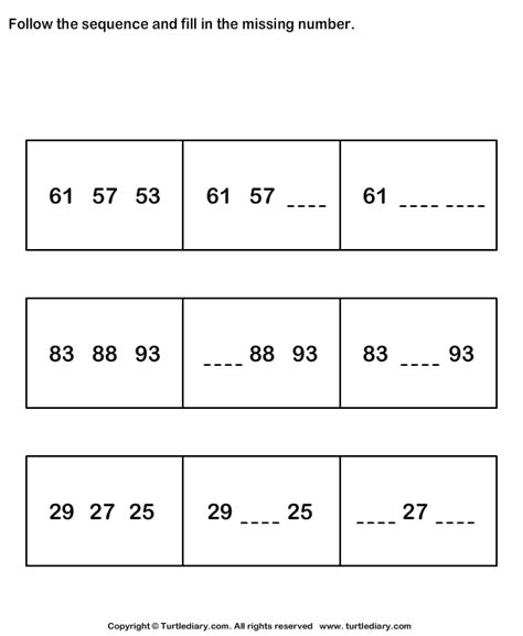 Fill In The Missing Numbers To Complete The Sequence Worksheet Turtle