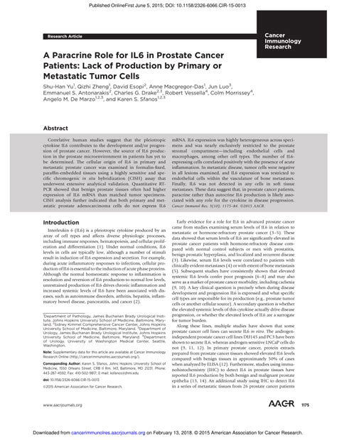 pdf a paracrine role for il 6 in prostate cancer patients lack of production by primary or