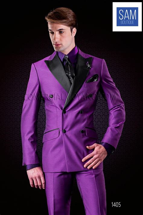 New Double Breasted Purple Suit With Black Peak Lapel By Sam Boutique