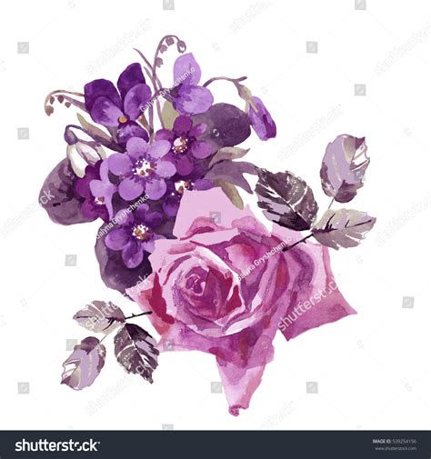 Hand Drawn Rose Violets Flowers Watercolor Stock Illustration 539254156