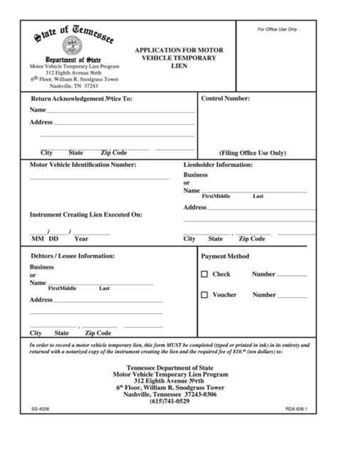 Fillable Form Ss 4258 Application For Motor Vehicle Temporary Lien