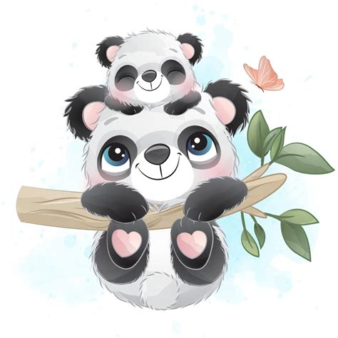 Cute Little Panda With Watercolor Illustration 2063715 Vector Art At