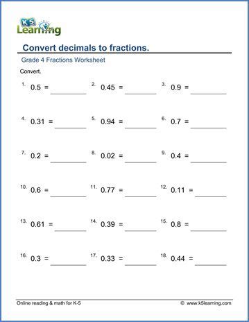 Welcome to our decimal multiplication worksheets page. Grade 4 Fractions to decimals Worksheet convert decimals ...