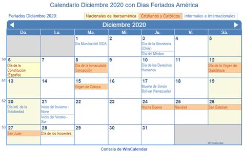 Calendario Diciembre 2020 Para Imprimir América