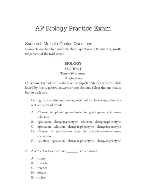 Ap Biology Practice Exam Section I Multiple Choice Questions Pdf