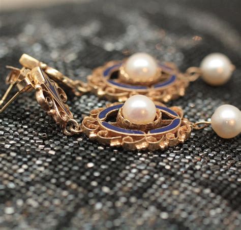 Circa 1950 14k Enamel Cultured Pearl Earrings Pippin Vintage Jewelry