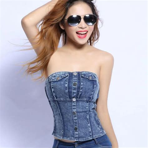 women sexy denim tube tops strapless bra top 2018 summer buttons bustier stretch tube tops