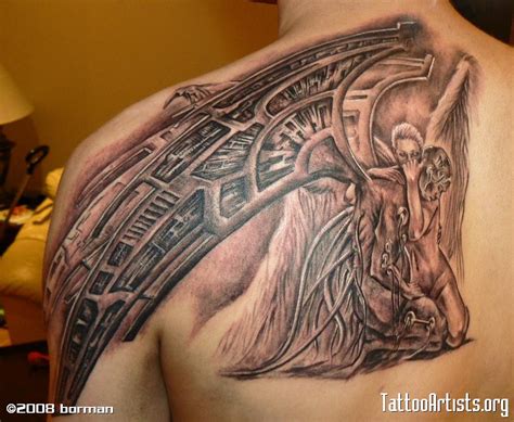 Grey Ink Amazing Fallen Archangel And Angel Tattoo On Back Shoulder For Men