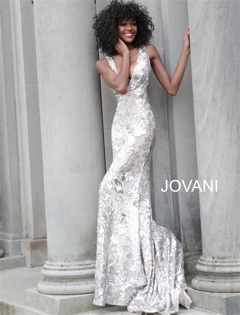 Jovani Silver Nude Plunging Neckline Prom Dress