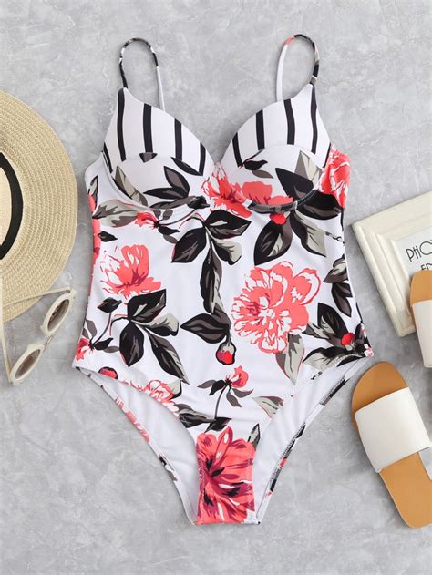 Flower Print Swimsuit Floral Print One Piece Swimsuit With Striped