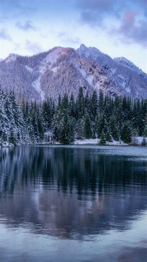 Forest Lake And Snow Covered Mountain During Winter 4k 5k Hd Nature