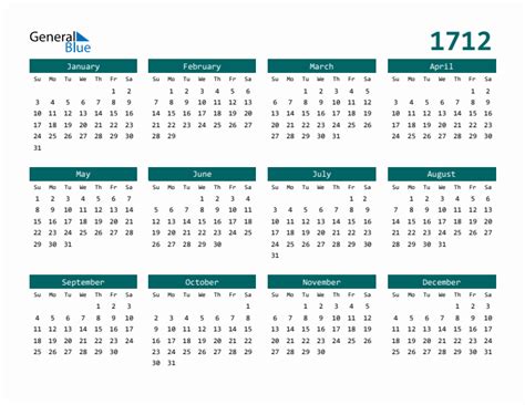 1712 Full Year Calendar