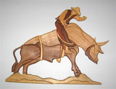 Handmade Intarsia Wood Art Bull And Rider Wall By Kitswoodart