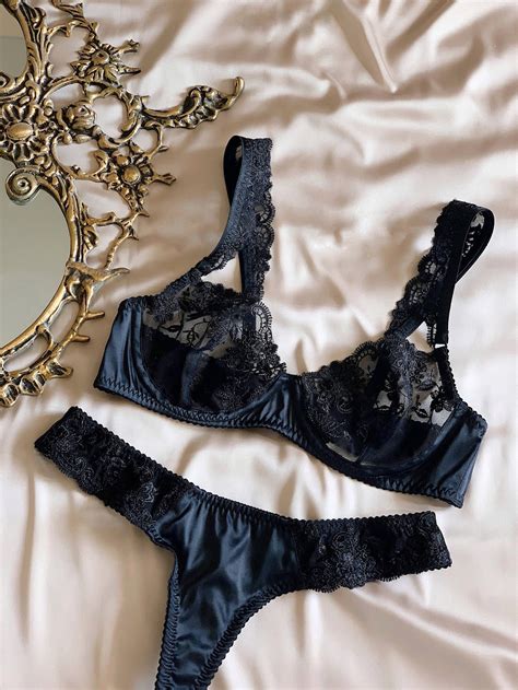 Silk Lingerie Set With Embroidered Lace Black Silk Lingerie Etsy