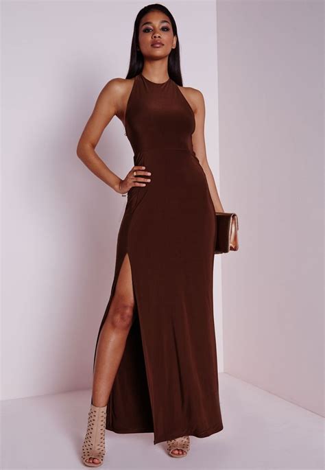Slinky Side Split Maxi Dress Chocolate Brown Dresses Maxi Dresses