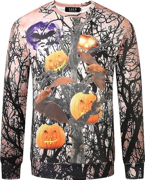 Sslr Mens Fun Printed Pumpkins Sweatshirt Long Sleeve Skeleton Sweatshirt Halloween Sweatshirts