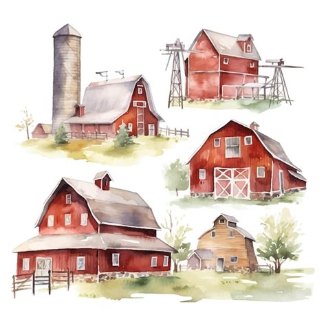 Premium Vector Watercolor Barns Clipart Farm Style Red Barn House
