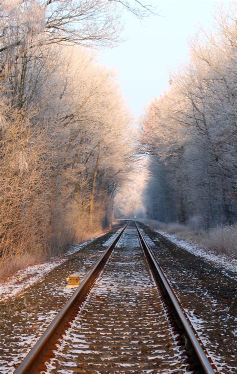 Free Images Snow Cold Winter Railway Sunlight Morning Frost