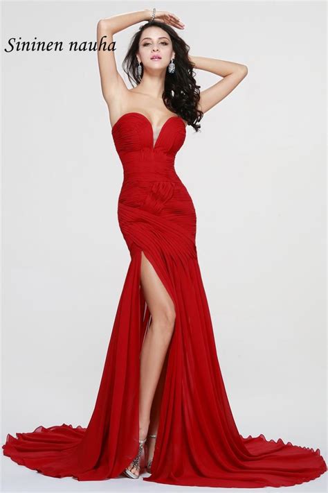 Sexy Red Long Evening Prom Dresses V Neck High Slit Plus Size Mermaid