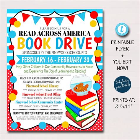 Read Across America Book Drive Flyer School Pto Pta Literacy Event