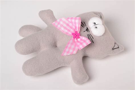 Buy Handmade Baby Toy Fleece Handmade Toy Soft Toy Grey Cat With Bow