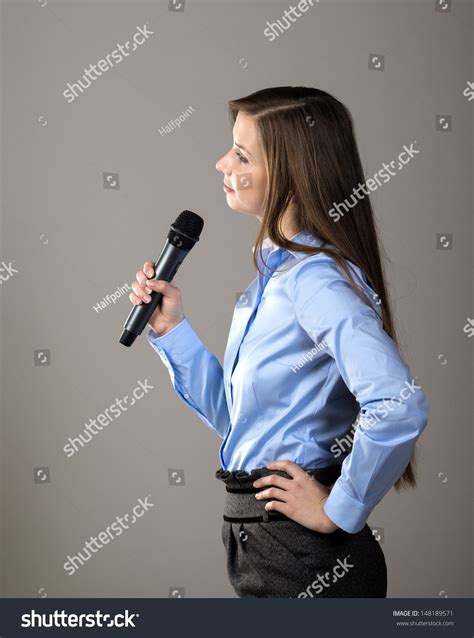 Beautiful Business Woman Is Speaking On Conference Stock Photo