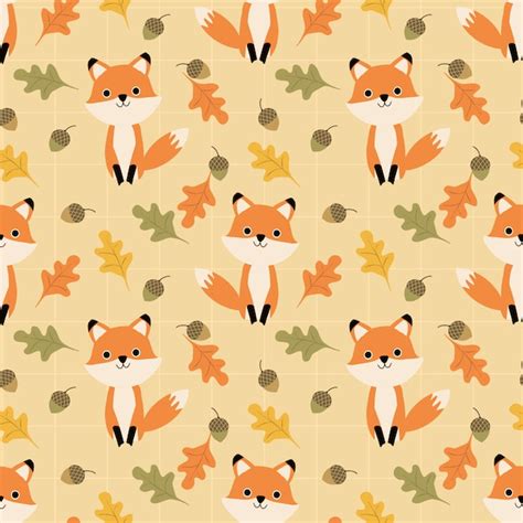 Cute Fox And Autumn Leaves Seamless Pattern Premium Vector