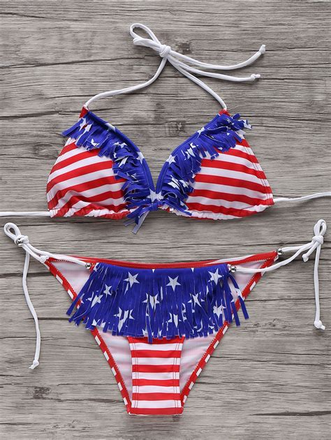 26 OFF 2021 Stars Stripes Print Patriotic String Bikini Swimwear In
