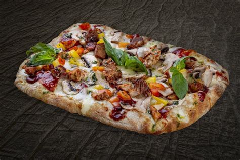 Bbq Pizza With Pork Chicken Bell Pepper Barbecue Sauce Mushroom Pesto Roman Pizza