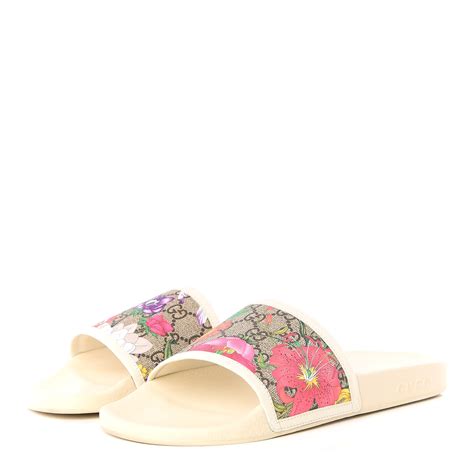 Gucci Gg Supreme Monogram Flora Print Pursuit Slide Sandals 40 White 573046