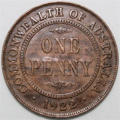 1922 Australia George V One Penny Bronze Coins Km Coins Rare