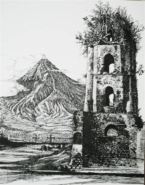 Graphite, watercolor and ink on paper pencil and photoshop fashion illustration. Mayon Volcano and ruin of an old church | Pen and Ink ...