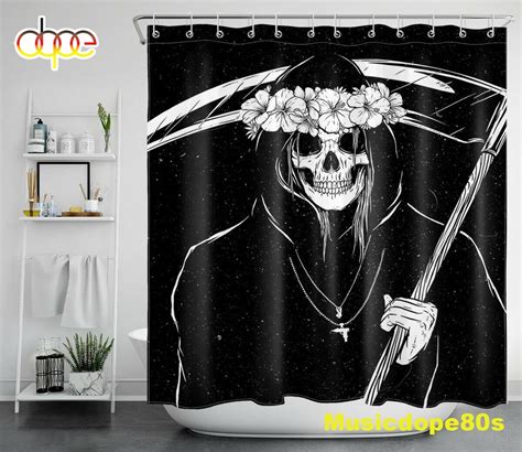 Halloween Grim Reaper Flowers Black White Waterproof Fabric Shower