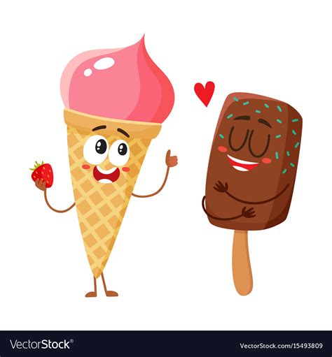 Two Funny Ice Cream Characters Strawberry Cone Vector Image