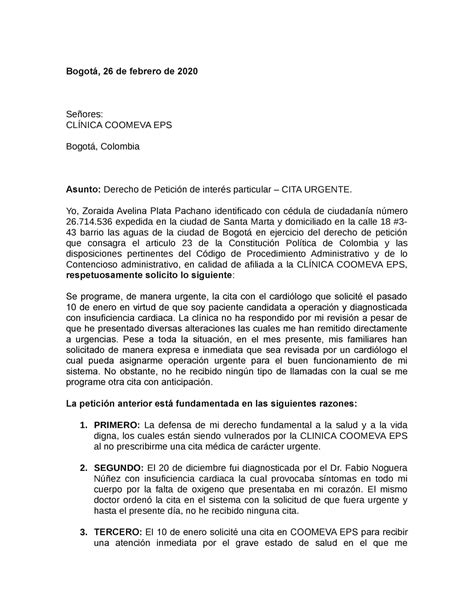 Formato Derecho De Peticion Bogotá 26 De Febrero De 2020 Señores