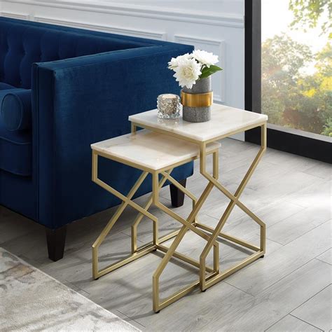 Posh Living Navarro Square Marble Top Nesting End Table In Gold Cymax