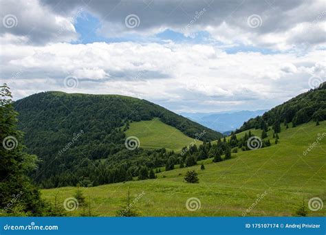 Mountain Landscape With Meadows Forest Hills And Blue Sky Northern