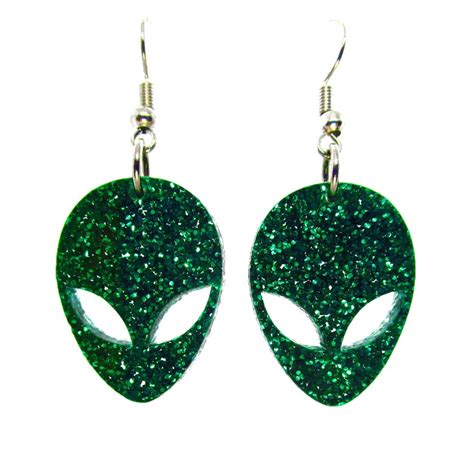 Glitter Green Alien Dangle Earrings Big Eye Space Aliens Etsy