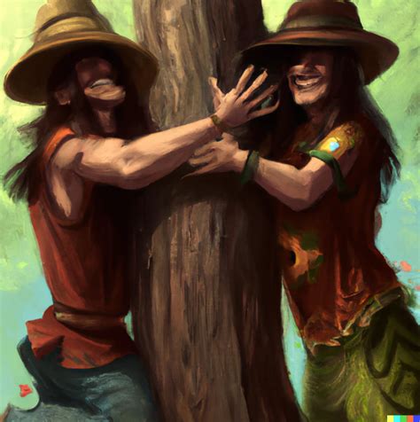 Two Hippies Arguing Over Whos Turn It Is To Hug The Tree So Theyre Both Hugging The Same Tree