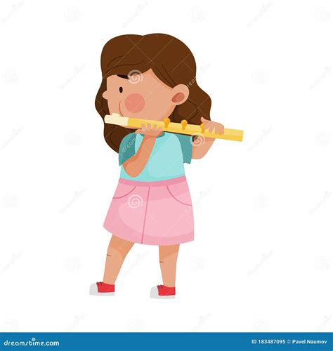 Cute Girl Standing And Playing Flute Vector Illustration Stock Vector
