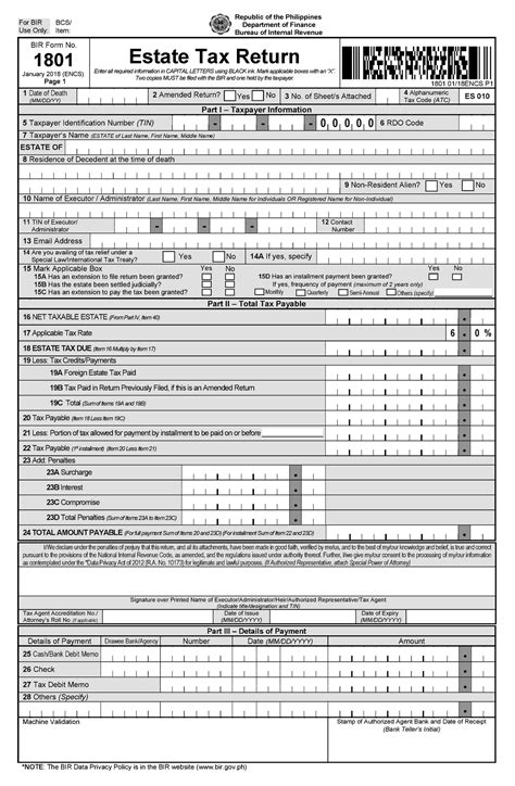 Bir Form 1801 Estate Tax Return 2018 Version Tx411 Studocu