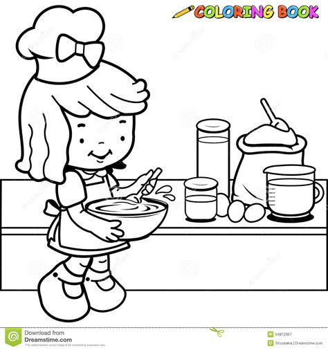 Cartooning will require a layer of flat colors that the end result is a finished picture of a cartoon chef drawing that is ready to be printed out in a hard copy or can be sent out digitally to anyone. Little Girl Cooking Coloring Page Stock Vector - Illustration of apron, chef: 54812367