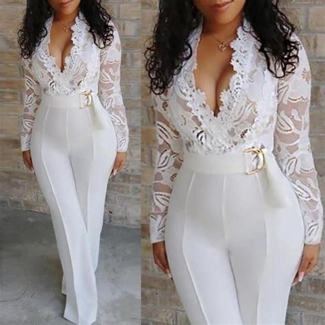 White Jumpsuit Women Lace Stitching Long Sleeve V Neck Plus Size Wide
