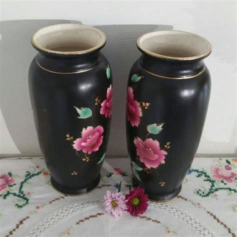 Vintage Antique Black Vase With Pink Hand Painted Flowers Etsy English China Black Vase Hand