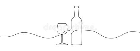 Wine Bottle And Wine Glass Drawing With One Continuous Line Vector